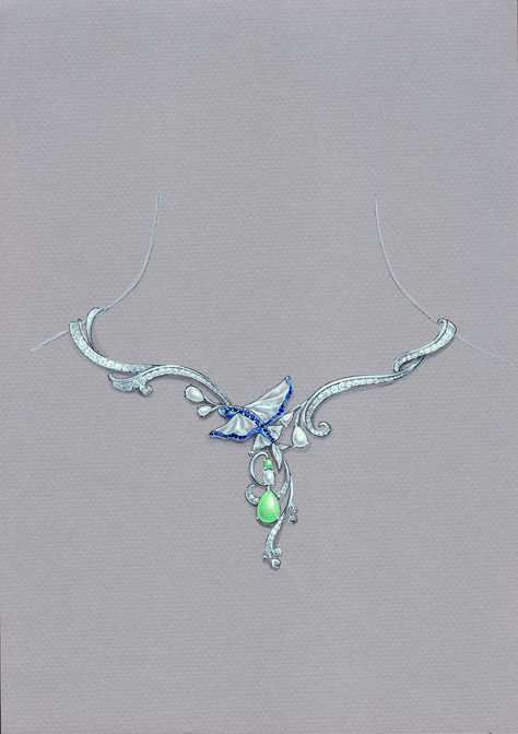 Flying fish - jewelry paintings by Huan Jewellery Sketch, Necklace Drawing, Diamond Earrings Design, Art Jewelry Design, Jewellery Design Sketches, Flying Fish, High Fashion Jewelry, Jewelry Illustration, Jewelry Design Drawing