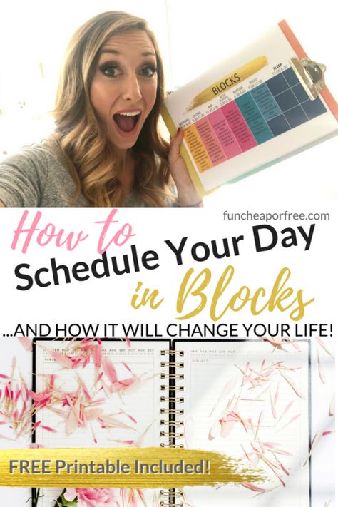 OH MY LIFE-CHANGING! The Block Schedule System; how to schedule your day in blocks. This has seriously changed EVERYTHING for me! Such a simple concept! Video and free printable included! From FunCheapOrFree.com Block Schedule Template, Time Blocking Schedule, Schedule Your Day, Block Schedule, Block Scheduling, Week Schedule, Day Schedule, Schedule Planner, Time Blocking