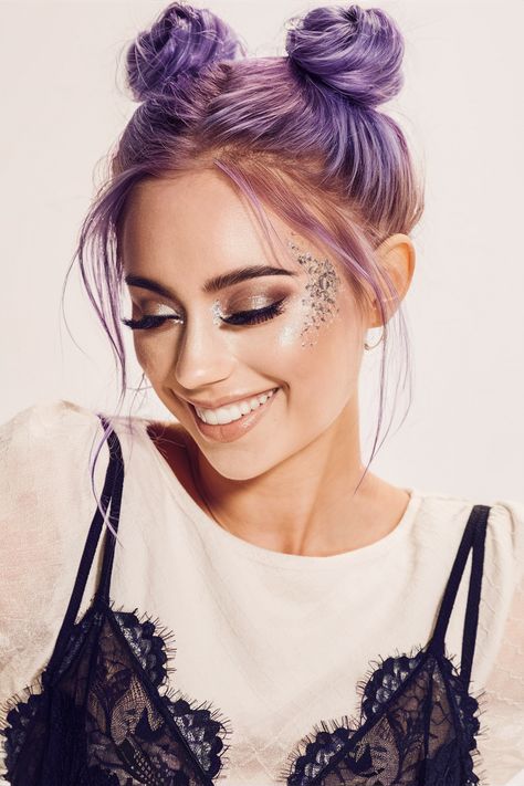 25 Quick and Easy Winter Hairstyles for Long, Medium & Short Hair - Fall Update 2024 Half Up Space Buns Short Hair, Mini Space Buns Half Up, Space Buns With Glitter, Perfect Space Buns, Double Space Buns, Space Buns Long Hair, Two High Buns, Purple Tinted Hair, Tinted Hair