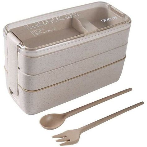 3X(Japanese Lunch Box Bento Box , 3-In-1 Compartment, Wheat St, Eco-Friendly Ben 3X([AMPLE CAPACITY]900ml, large capacity ensures a balanced diet. But also easy to carry. [SAFE MATERIAL]The material of the lunch box is natural wheat St, BPA-free, safe, healthy, and durable. [LAYERED DESIGN]The Layered design can effectively prevent food from mixing together, maintain the taste of the food. [CUTE TABLEWARE]Three-in-one storage of table fork, a tablespoon. Colour:Beige Material:Wheat st Size:18.8x Japanese Lunch Box Bento, Lunch Box Bento, Japanese Lunch Box, Food Cute, Japanese Lunch, Lunch Containers, A Balanced Diet, Lunch Box Recipes, Wheat Straw