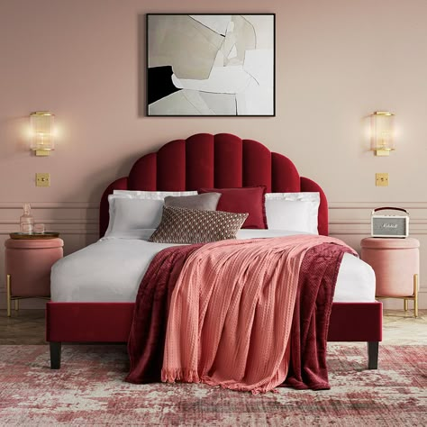 Introducing our NEW Rosedale Bed. We have fallen head over heels with Rosedale, and for obvious reasons... 1950s inspired and boasting a beautiful shell shaped, fluted headboard. This charming bed is upholstered in plush velvet in shiraz and is a statement bed if ever we saw one. Our SPEND & SAVE EVENT IS NOW ON where you can enjoy up to 20% off. Bedroom Ideas Velvet Bed, Plush Headboard Bedroom, Red Velvet Headboard, Red Upholstered Bed, Red Bed Frame, Red Velvet Bed, Maroon Bed, Magenta Bedding, Burgundy Bed