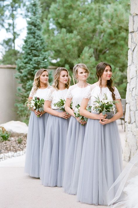 Bridesmaids separates Lace Top Bridesmaid Dresses, Top Bridesmaid Dresses, Bridesmaid Dresses Lace Top, Light Grey Bridesmaid Dresses, Two Piece Bridesmaid Dresses, Bridesmaid Separates, Short Sleeve Bridesmaid Dress, Bridesmaid Dresses Long Lace, Grey Bridesmaids