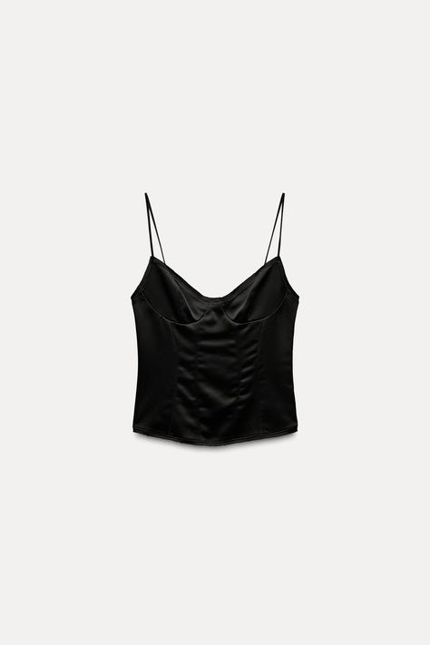 SATIN EFFECT TANK TOP - Black | ZARA United States Lingerie Satin, Trench Coat Dress, Satin Camisole, Shirt Blouses Tops, Tshirt Skirt, Knitwear Cardigan, Sheer Top, Lingerie Fashion, Shirt Skirt