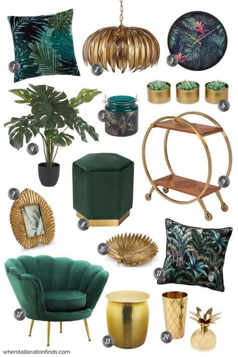 Green and gold living room | Tropical velvet luxury home decor ideas | When It Alteration Finds Tropical Velvet Luxe, Green And Gold Living Room, Tropical Velvet, Living Room Tropical, Look Tropical, Tropical Luxury, Bilik Idaman, Gold Living, Gold Furniture