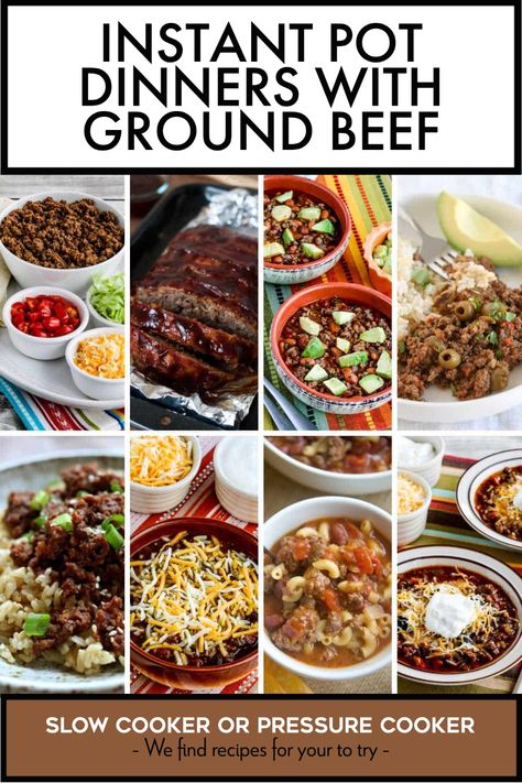 Pinterest image showing 8 photos of different instant pot dinners with ground beef. Dinners With Ground Beef, Ideas With Ground Beef, Dinner Ideas With Ground Beef, Instant Pot Dinners, Slow Cooker Ground Beef, Pot Dinners, Quick Dinners, Dinner With Ground Beef, Beef Dinner