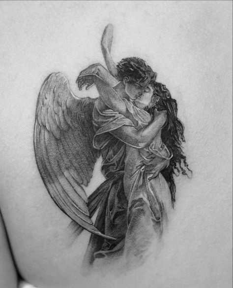 Angels Neck Tattoo, Blind Angel Tattoo, Real Angels Tattoo, Angelic Sleeve Tattoo, Roman Tattoo Women, Small Fallen Angel Tattoo, Romantic Encounter Tattoo, Angel On Back Tattoo, Cupids Kiss Tattoo