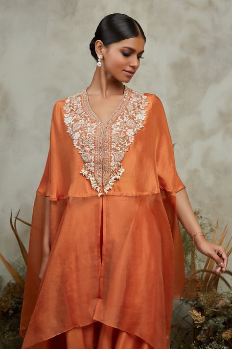 Buy Orange Organza Embroidery Floral Round Yoke Kaftan Draped Pant Set For Women by Prisho Online at Aza Fashions. Designer Suits For Wedding, Pearl Tassels, Kaftan Pattern, Organza Suits, Organza Embroidery, Drape Pants, Kurta Designs Women, Pant Set For Women, Embroidery Floral