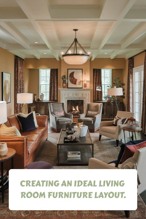 Creating an ideal living room furniture layout. Craftsman Living Room Layout, Conversation Living Room Layout, Large Living Room Ideas Layout, Layer Lighting, Ideal Living Room, Kitchen Flooring Trends, Square Living Room, Industrial Chic Kitchen, Ensuite Bathroom Designs