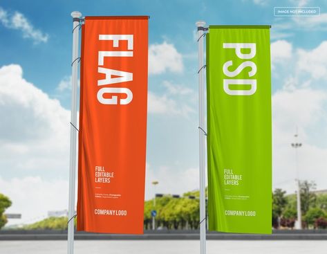 Two vertical flags mockup design on stre... | Premium Psd #Freepik #psd #banner #mockup #sky #flag Flag Mockup, Exhibition Banners, Banner Mockup, Billboard Mockup, Best Flags, Sport Banner, Dog Tips, Banner Advertising, Outdoor Advertising