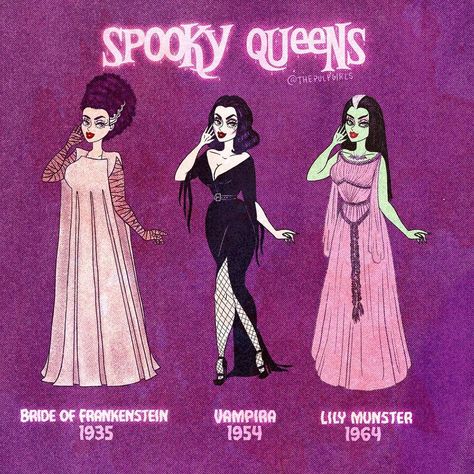 ✨🌸 The Pulp Girls 🌸✨ on Instagram: “🖤🦇 Spooky Queens are forever! 🦇🖤 SWIPE FOR MORE + MERCH! 🖤 Are you a year-round spooky queen?? These paper dolls sure are! Who’s your…” The Love Witch, Lily Munster, Halloween Queen, Arte Van Gogh, Horror Icons, Bride Of Frankenstein, Poses References, Vintage Horror, Horror Art