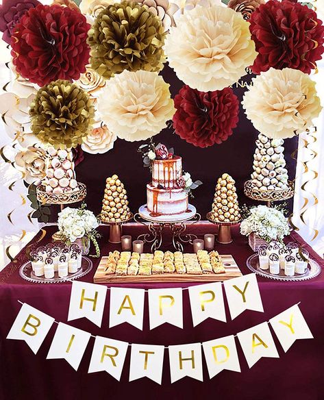 PRICES MAY VARY. Elegant Burgundy Champagnr Gold Birthday party Decorations/, Maroon and Gold Party, Graduation Event, Christmas, New Year, Nursery, Photo Backdrop. They look great hanging from ceilings, doorways, and lighting fixtures, mounted on the walls, or used as table centerpieces. With a beautiful, burgundy/marsala & gold color palette, our birthday color idea is perfect for Fall Party Decorations/30th Birthday Decorations/Burgundy Birthday Decorations. Burgundy is one of the most popula Burgundy Birthday Decorations, Fall Birthday Party Decorations, Party Decorations 30th Birthday, Fall Birthday Decorations, Burgundy Birthday, Birthday Decorations For Women, Gold Birthday Party Decorations, Gold Birthday Decorations, Fall Party Decorations