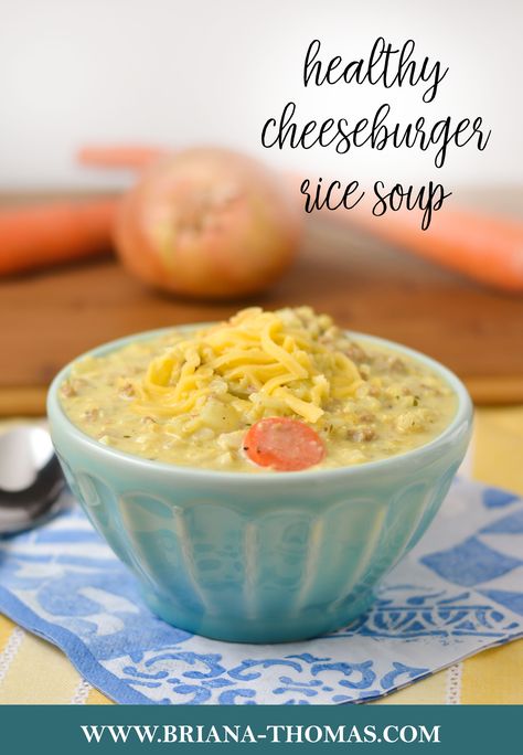 This Cheeseburger Rice Soup is a healthy version of an old church cookbook recipe my mom used to make! THM Crossover, gluten/egg free, nut free option Thm Cheeseburger Soup, Cheeseburger Rice, Healthy Cheeseburger, Briana Thomas, Thm Dinner, Trim Healthy Recipes, Trim Healthy Mama Plan, Trim Healthy Momma, Hearty Comfort Food