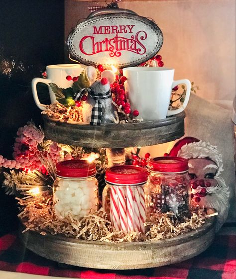 Christmas Tiered Tray Ideas Hot Cocoa, Hot Cocoa Tiered Tray Ideas, Hot Chocolate Tiered Tray Decor, Christmas Candy Tray Ideas, Hobby Lobby Christmas 2022, Hot Chocolate Tiered Tray, Coffee Tiered Tray Decor, Hot Cocoa Bar Christmas, Christmas Hot Chocolate Bar