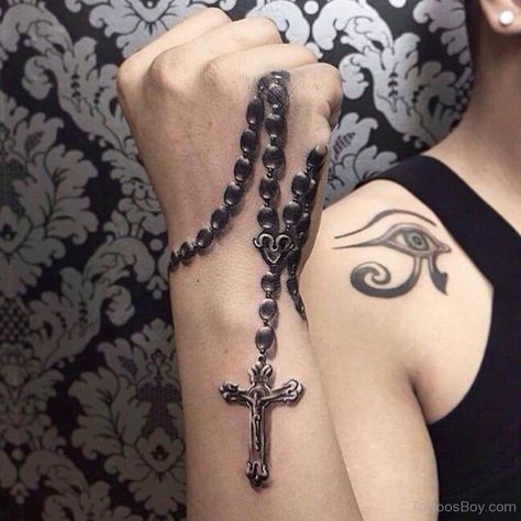 Rosary Bead Tattoo Ideas, Designs, and Meanings - TatRing Rosary Tattoo On Hand, Eye Of Ra Tattoo, Rosary Bead Tattoo, Rosary Tattoo, Cross Tattoo For Men, Tattoo Henna, Cross Tattoo Designs, Religious Tattoos, Aztec Art