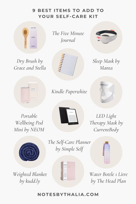 9 Best Items To Add to Your Self-Care Kit Infographics that includes The Five Minute Journal, Sleep Mask by Manta, Dry Brush by Grace and Stella, Kindle Paperwhite, Portable Wellbeing Pod Mini by NEOM, LED Light Therapy Mask by CurrentBody, The Self-Care Planner by Simple Self, Weighted Blanket by kudd.ly, and Water Bottle 1 Litre by The Head Plan; Black italic text with beige circles and colourful graphics. Things To Buy For Self Care, Self Soothe Kit, Self Soothing Kit, Self Love Care Routine, Self Care Kit Ideas, Self Care Kit Gift, Self Care Must Haves, Selfcare Kit, Self Care Kits