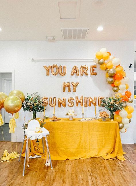 Gold Sunshine Themed Birthday, You Are My Sunshine backdrop Sunshine Backdrop, Sunshine First Birthday, Sunshine Birthday Parties, Sunflower Party, 1st Birthday Party For Girls, Sunflower Baby Showers, Themed First Birthday, Sunshine Baby Showers, Sunshine Birthday