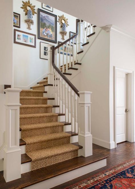 Carpet Lined Stairs, Colonial Stair Runner, Stair Runner Carpet Top Of Stairs, Traditional Stair Runner, Framing Stairs, White Balusters, Southern Staircase, Stair Runners Ideas, Newel Posts For Stairs