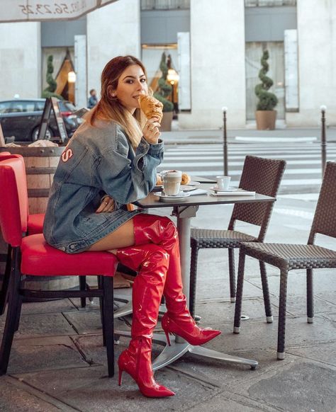 Red patent thigh high boots High Red Boots Outfit, Red Knee High Boots Outfit, Patent Boots Outfit, Red Boots Outfit, Red Knee High Boots, Thigh High Boots Outfit, Boots Outfit Ideas, Knee Boots Outfit, High Boots Outfit