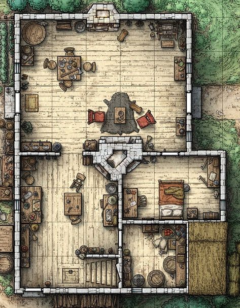 Cottage main floor (Interior view w. hidden secret room) Hatch to basement cellar Stairs up to 3 bedrooms Pathfinder Maps, Fantasy City Map, Map Layout, Building Map, Dnd World Map, Battle Map, Tabletop Rpg Maps, Interior View, Town Map