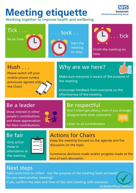 (1) Somerset CCG op Twitter: "First we had our email etiquette, then our office etiquette . . . now our fantastic staff have developed this brilliant meeting etiquette to help make sure that our meetings are productive, respectful and meaningful. We think our staff are 👍💙 https://t.co/ACqAXBos9l" / Twitter Workplace Vocabulary, Staff Meeting Ideas, Meeting Etiquette, Office Etiquette, Work Templates, Email Etiquette, Work Etiquette, Soft Skills Training, Challenging Behaviors