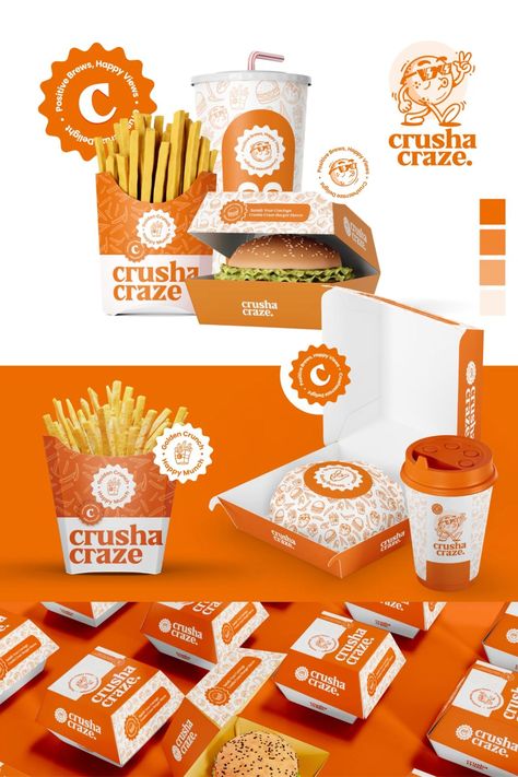 Crusha Craze Logo and Branding #eat #peruvian #etiqueta💤 Food Branding Identity, Food Business Branding, Blue And Orange Brand Identity, Street Food Logo Design Ideas, Food Pattern Design, Orange Packaging Design, Food Branding Ideas, Food Product Logo, Street Food Branding