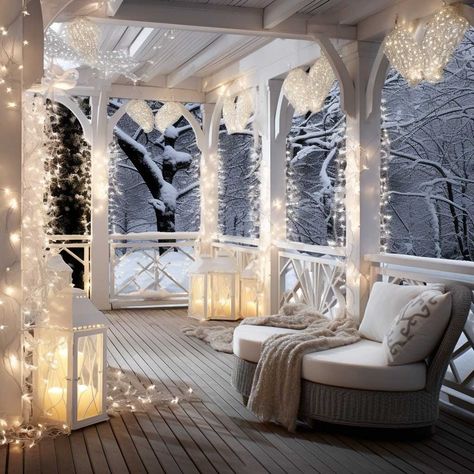 19+ Festive Christmas Balcony Decorating Ideas for a Sparkling Outdoor Retreat • 333+ Images • [ArtFacade] Cabins During Christmas, White Christmas Outdoor Decorations, White Christmas Porch Decor, Balkon Winter, Outdoor Winter Wonderland, Christmas Balcony Ideas, Winter Outdoor Decor, Christmas Balcony, Balcony Decorating Ideas