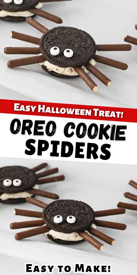 Easy Halloween Treat: Oreo Cookie Spiders! Fun Kids Halloween Treats, No Bake Halloween Treats Kids Can Make, Halloween Food Crafts For Kids Easy, Halloween Cooking Ideas For Kids, Oreo Cookie Halloween Treats, Food For Halloween Party For Kids, Spider Oreos Halloween, Preschool Halloween Party Snacks, Fun Food For Kids To Make