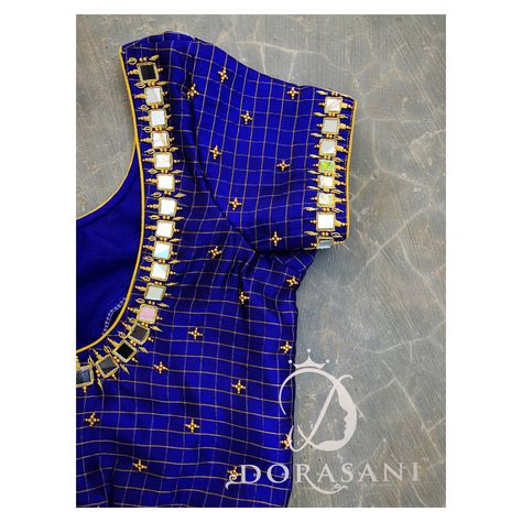 #zardosiwork #mirrorwork #blueblouse #blue #blouse #dorasani #dorasanibytejaswini Checks Embroidery Blouse, Simple Mirror Work Blouse Designs, Checks Blouse Designs, Mirror Blouse Design, Mirror Blouse, Check Blouse, Mirror Work Blouse Design, Embroidery Clothes, Mirror Work Blouse