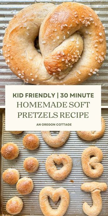 Amazingly easy homemade soft pretzels recipe with no complicated steps and no rising - they are ready in 30 minutes, making them perfect for easy snacks and fun meals. Made from scratch with just a few simple ingredients, these delicious pretzels are a great kitchen activity for the whole family. Give this simple process a try and create some unforgettable memories along with a healthy snack! Fun To Make Desserts, Easy Homemade Soft Pretzels, Quick Pretzel Recipe, Hearty Snacks For Kids, Cooking With Preschoolers Recipes Simple, Easy Salty Snacks Homemade, Homemade Pantry Snacks, Easy Recipe For Kids To Make, Easy Baking With Toddlers