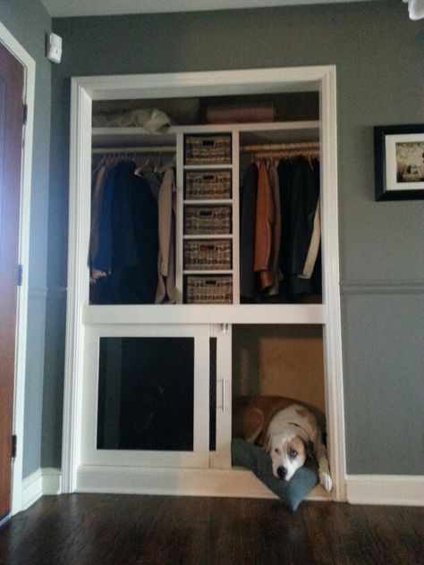 Built in dog crate. The bottom half of our entry closet wasn't being used. So instead of having those ugly metal crates sitting in our sunroom, my husband and i decided to build this. We were able to add a small shelving system in the middle to hold dog accessories, scarves, gloves, and winter hats. Dog House Closet Ideas, Closet Converted To Dog Kennel, Dog Bedroom In Closet, Dog Crate Closet Ideas, Built In Dog Kennel Closet, Built In Dog Kennel Bedroom, Dog Kennels In Closet, Built In Dog Crate Bedroom, Coat Closet Dog Kennel