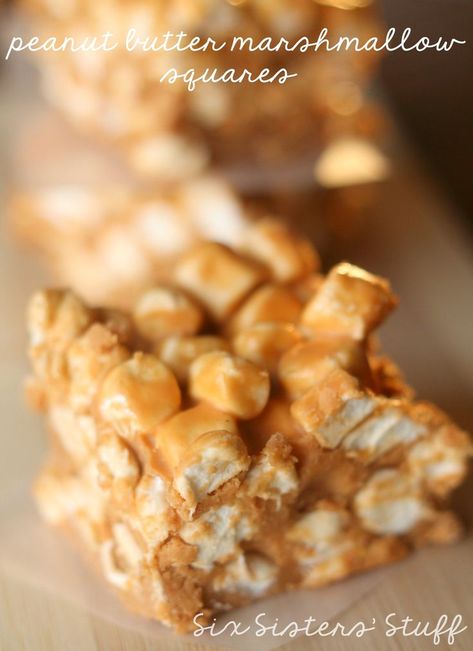 These No Bake Peanut Butter Marshmallow Squares are so delicious and perfect to make with your kids! | SixSistersStuff.com Peanut Butter Marshmallow Squares, Marshmallow Squares, Peanut Butter Squares, Peanut Butter Marshmallow, No Bake Peanut Butter, Six Sisters Stuff, Six Sisters, Square Recipes, Chocolate Peanut Butter Cookies