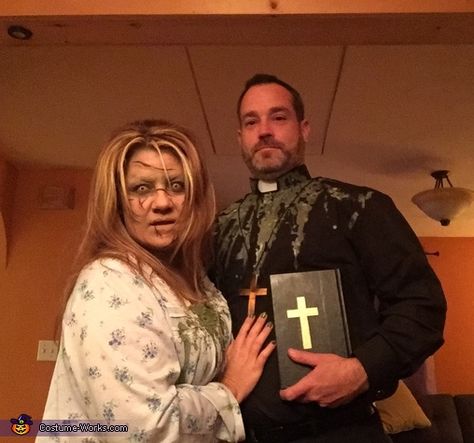 The Exorcist Costume - Halloween Costume Contest via @costume_works Diy Priest Costume, Exorcist Couple Costume, Diy Exorcist Costume, Priest Costume Diy, Excorsist Costume Diy, Creepy Halloween Couple Costumes, Priest Couple Costume, Scary Couples Costumes For Halloween, Regan Exorcist Costume