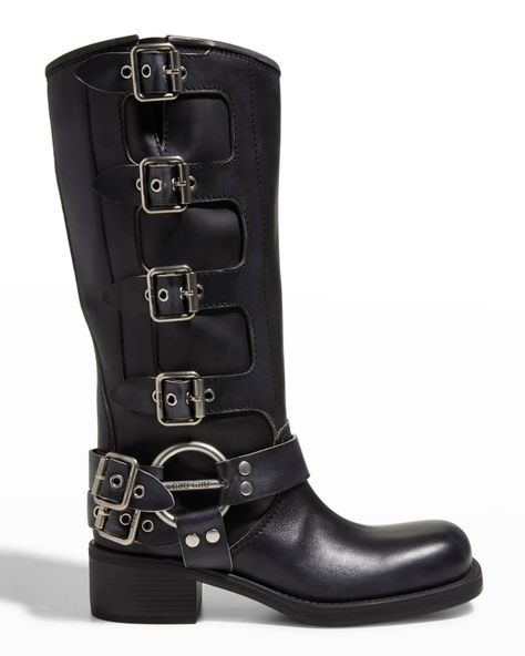 Moto Boots Women, Miu Miu Moto Boots, Miu Miu Buckle Boots, Miu Miu Leather Boots With Round Toe, Miu Miu Leather Boots Round Toe, Luxury Mid-calf Boots For Fall, Edgy Leather Knee-high Boots With Buckle Closure, Edgy Leather Mid-calf Moto Boots, Knee-high Calf Leather Boots With Buckle Closure