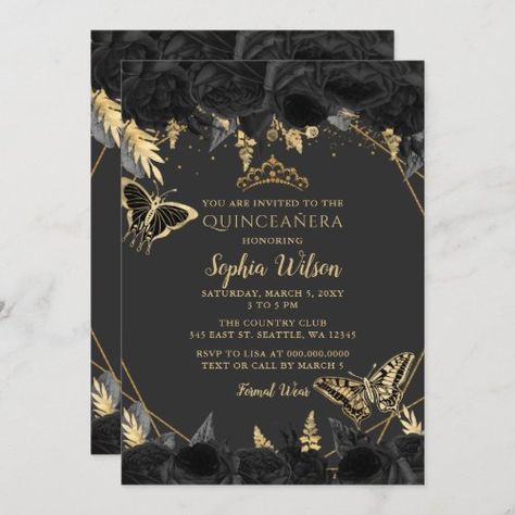 $2.95 | Elegant Black Gold Floral Butterfly Quincea�era #quinceanera, glitter, mis quince, gold, vintage, tiara, mis princess crown, butterfly, elegant, black Quince Invitations Black, Black Quince Invitations, Emo Quince, Black And Gold Quinceanera Theme, Black And Gold Quince, Gold Quinceanera Theme, Butterfly Sweet 16, Baby Blue Quinceanera, Black Quinceanera