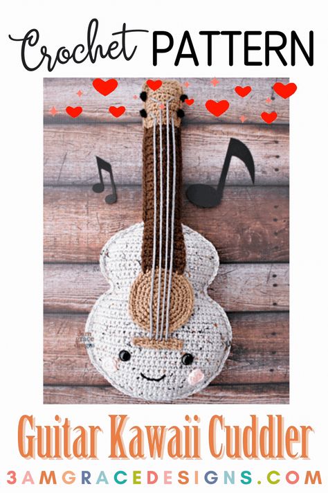 Our Guitar crochet pattern & tutorial makes an adorable pillow for you or a perfect gift or decoration! #crochet #amigurum Guitar Crochet, Crochet Pattern Tutorial, Guitar Patterns, Novelty Pillows, Mini Amigurumi, Crochet Dolls Free Patterns, Kawaii Crochet, Crochet Pillow, Pattern Tutorial