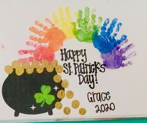 Saint Patrick’s Day Handprint Art, First St Patricks Day Baby Crafts, St Patricks Handprint Art, Handprint Rainbow With Pot Of Gold, St Patrick’s Day Daycare Crafts, At Patrick’s Day Handprints, Pot Of Gold Handprint Craft, St Patrick Handprint Crafts, St Patrick’s Day Infant Crafts