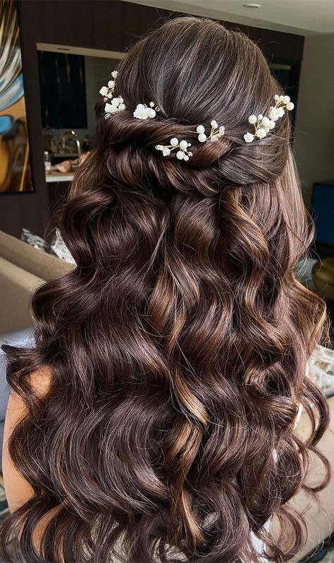 Ball Hair Half Up Half Down, Half Up Half Down Hair Inspo Prom, Hollywood Waves Wedding Half Up, Hollywood Waves With Braid, Red Carpet Hairstyles For Long Hair, Hollywood Waves Half Up, Prom Hairstyles Half Up Half Down Medium, Half Up Hollywood Waves, Formal Hairstyles Half Up Half Down