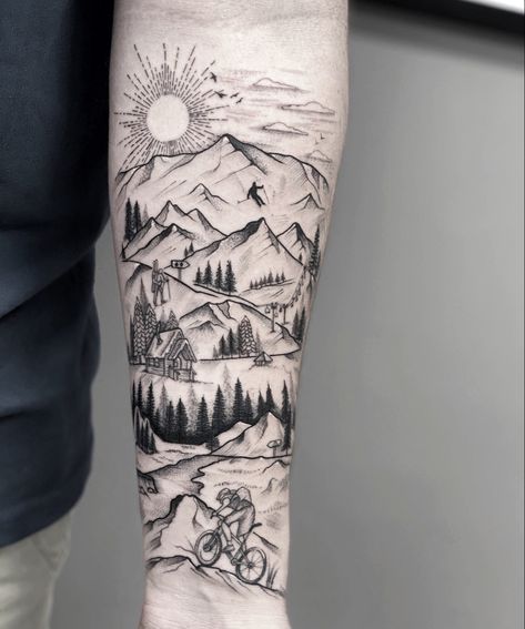 Tattoo Landscape, Winter Tattoo, Mountain Bike Tattoo, Warrior Tattoo Sleeve, Forearm Band Tattoos, Dinosaur Tattoos, Armband Tattoos, Bike Tattoos, Hiking Tattoo