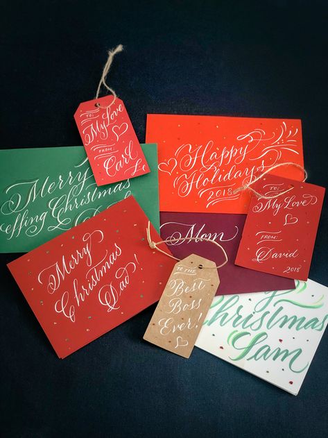 Customized envelopes, Christmas and holiday cards, gift tags and more! Calligraphic flourishes and script crafted on-site at brands and businesses // by www.chavelli.com Caligraphy Christmas, Holiday Card Calligraphy, Calligraphy Holiday Cards, Calligraphy Christmas Cards, Holiday Calligraphy, Christmas Market Stall, Calligraphy Christmas, Calligraphy Gifts, Card Calligraphy