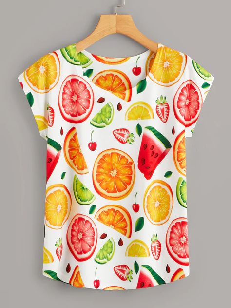 Fruit Outfits, Fruit Print Fashion, Outfits Gorditas, Cap Sleeve Tee, Latest T Shirt, Fruit Print, Women T Shirts, Cute Summer Outfits, Teenage Fashion Outfits