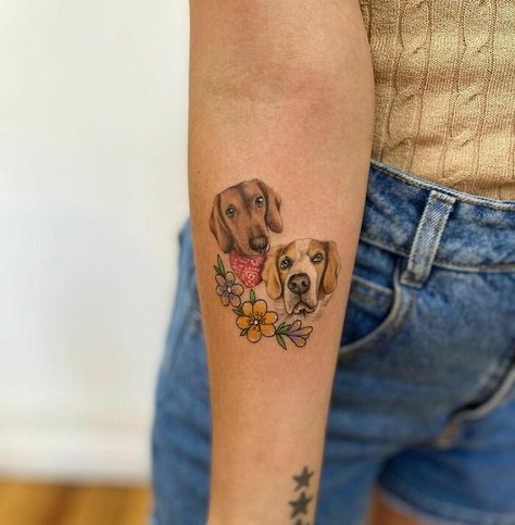 Dog Tribute Tattoo Small Flower, Dog And Girl Tattoo, Dog Portrait Tattoo Flowers, Boxer Dog Tattoo, Dogs And Flowers, Value In Life, Pet Tattoo Ideas, Cat Portrait Tattoos, Beagle Tattoo