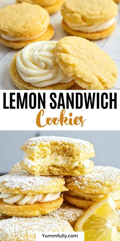 A creamy, sweet, and tart lemon-flavored filling is sandwiched between two crumbly sugar cookies to make the perfect dessert. These little bites of sweet heaven, also known as Polish tea cookies, are the perfect ending to any meal or treat to have with a cup of coffee any time of the day. Lemon sandwich cookies are my all-time favorites! Lemon Sandwich Cookies, Lemon Sandwich, Cookies To Make, Plain Cookies, Lemon Cookies Recipes, Stuffed Cookies, Citrus Recipes, Cookie Sandwiches, Food Cookies