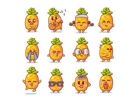 Pineapples Drawings, Pineapple Character Design, Pineapple Cartoon Drawing, Pineapple Cartoon Cute, Cute Food Characters, Pineapple Illustration Design, Pineapple Drawings, Cute Characters Kawaii, Cute Fruit Drawings