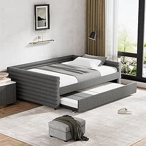 ONEMMLION Full Size Daybed with Trundle, Upholstered Day Bed Frame with Backrest and Wood Slat Support, Trundle Daybed in Linen, Twin Sofa Bed for Bedroom Guest Room, No Box Spring Needed, Grey Upholstered Day Bed, Day Bed Frame, Full Size Daybed, Sofa Bed Living Room, Sofa Bed Bedroom, Wood Platform Bed Frame, Modern Sofa Designs, Daybed With Storage, Upholstered Daybed