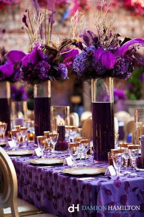 Purple fall wedding centerpiece / http://www.himisspuff.com/purple-wedding-ideas/4/ Purple Reception, Tafel Decor, Deco Floral, Floral Centerpieces, Purple Wedding, Reception Decorations, Decoration Table, Place Settings, The Table