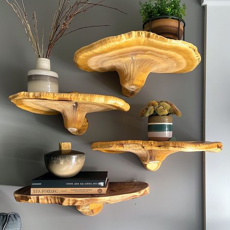 Introducing the “Fungi Float” shelf: inspired by nature’s intricate fungal networks, its organic curves and natural wood finish bring a touch of earthy elegance to any space. Conceptual AI Art Follow @ecosapiens for more! Floating Shelves Decor, Wooden Music Stand, Casa Fantasy, Natural Interior Design, Salon Logo Design, Cool Tree Houses, Rustic Home Design, Bathroom Inspiration Decor, Funky Furniture