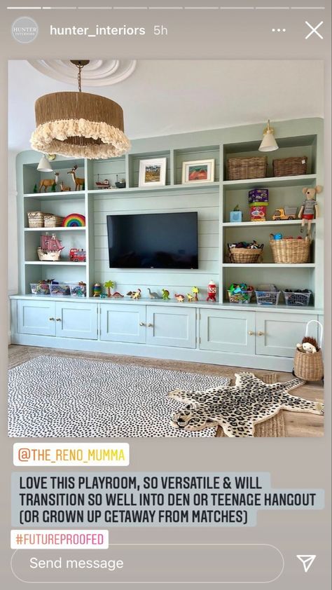 Playroom Decor Diy, Big Playroom, Organizing Playroom, Playroom Cabinet, Playroom Organizing, Kids Tv Room, Family Room Playroom, Playroom Storage Ideas, Loft Playroom