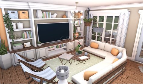 Roblox Rocitizens Living Room Ideas, Bloxburg Living Room Ideas Aesthetic Big, 4x4 Living Room Ideas Bloxburg, Bloxburg Spring House Ideas, Cottagecore Living Room Bloxburg, Bloxburg Spring House Interior, Living Room Inspo Bloxburg, Bloxburg Family Room, Living Rooms Bloxburg