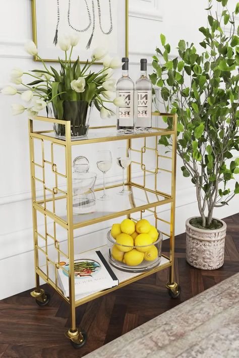 HEP2K Butler Arcadia Polished Gold Bar Cart Gold Bar Cart, Haute House, Bar Cart Styling, Stone Bar, Caster Wheels, Serving Table, Entertainment Bar, Aesthetic Ideas, Bar Carts