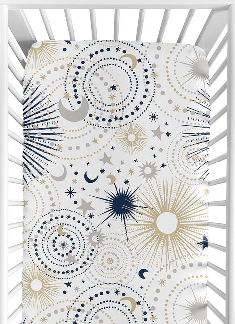 PRICES MAY VARY. Dimensions: 52 in. x 28 in. x 8 in. Brushed Microfiber - Navy Blue, Gold and Grey Stars and Moons Celestial Print Fully elastic bottom for secure fit on most standard size cribs and toddler beds Easy machine washable and dryable Love the fabric style? Sweet Jojo Designs also makes coordinating bedding and decor accessories. Sweet Jojo Designs crib sheets are designed to match with their coordinating Crib Bedding Sets. Made with soft and cozy fabrics in exclusive patterns and col Gender Neutral Celestial Nursery, Blue Gold Nursery, Boho Celestial Nursery, Celestial Nursery Ideas, Astrology Nursery Theme, Space Nursery Theme Gender Neutral, Lunar Nursery, Acotar Nursery, Celestial Nursery Girl